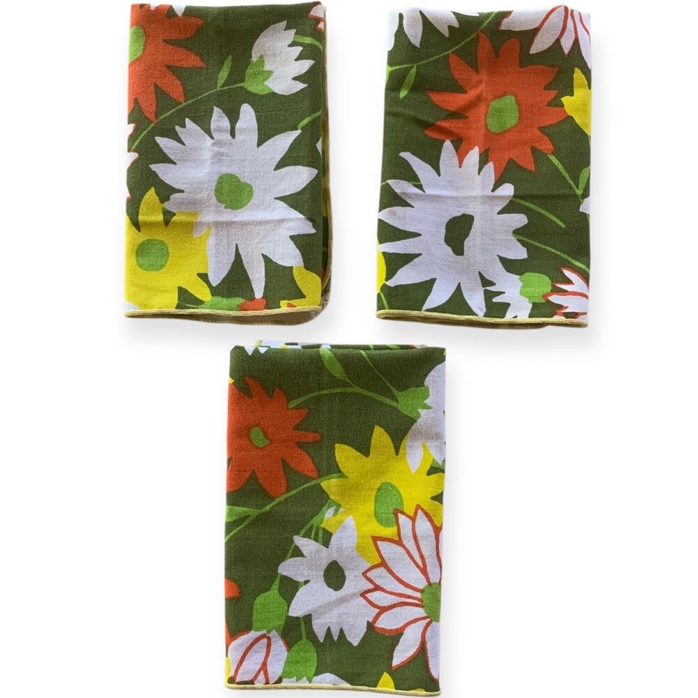 Set of 3 Vintage Retro Fabric Napkins Green Yellow Orange Floral